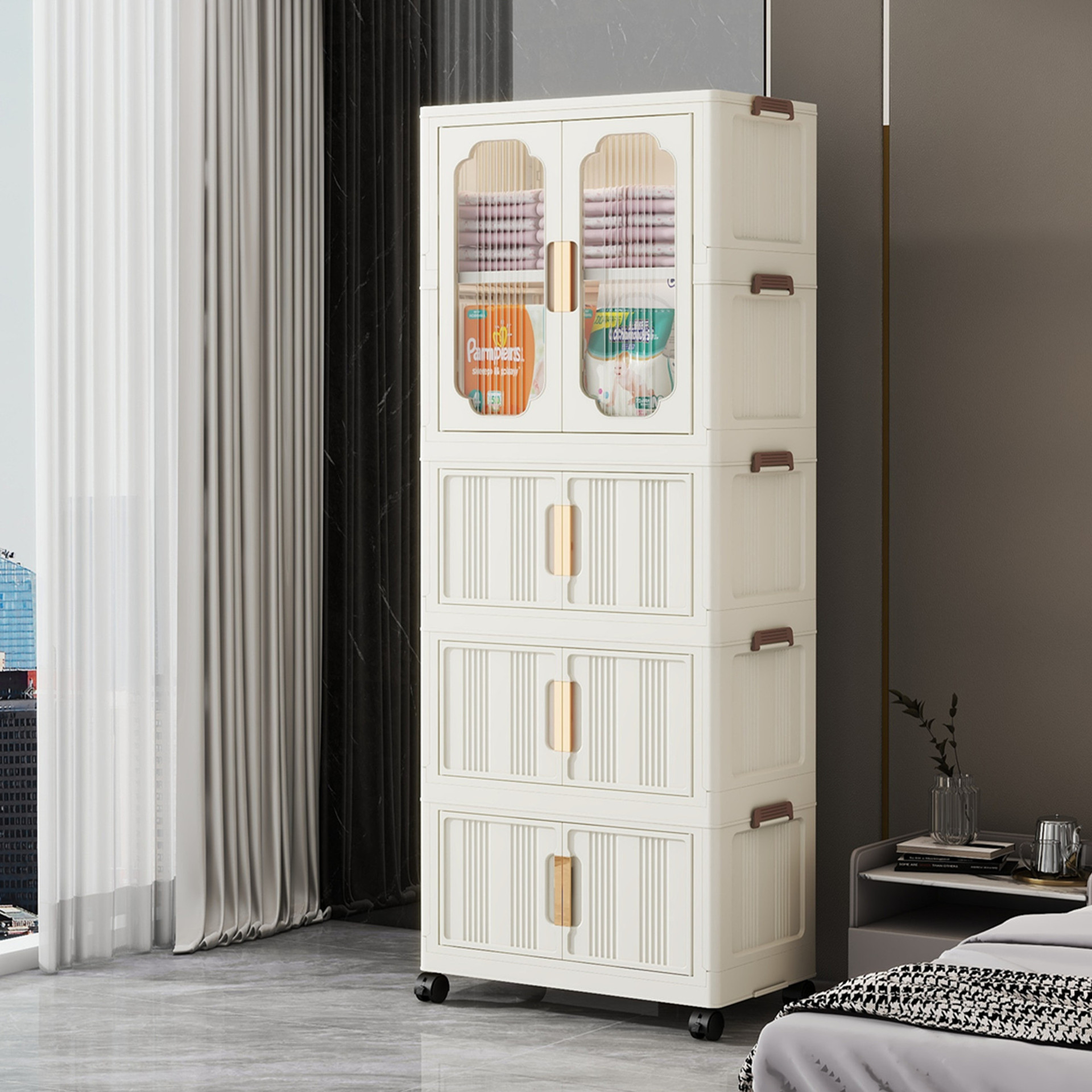 Double-door Storage Cabinet Multi-layer Plastic Cabinet Children's Wardrobe Home Opening-door Foldable Storage Box Baby Cabinet