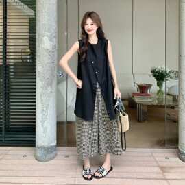 韩版穿搭慵懒风套装女2026初夏新款简约无袖背心格纹阔腿裤两件套