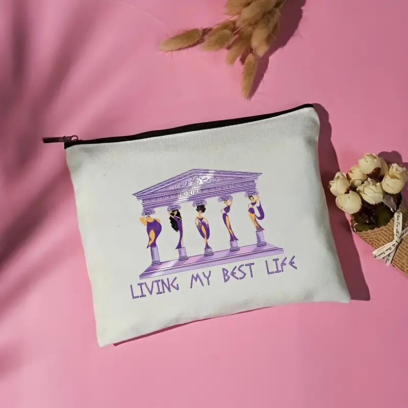 Transfronterizo Temu letras populares de lino simple impresión a doble cara bolsa de cosméticos bolsa de almacenamiento bolsa de cremallera multifuncional de las mujeres