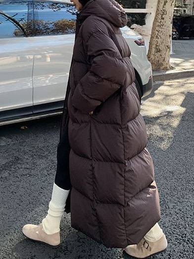 Thick Korean-Style Hooded down Jacket for Women, Loose Fit, Winter, Knee-Length, Black and Brown
