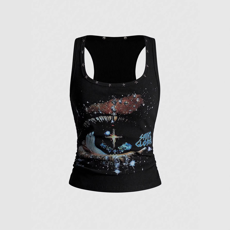 Ins Spring and Summer New European and American Fashion Gothic Diamond-Studded Print Street Style Y2K Slim-Fit Hot Girl Tank Top Women's Clothing Wholesale