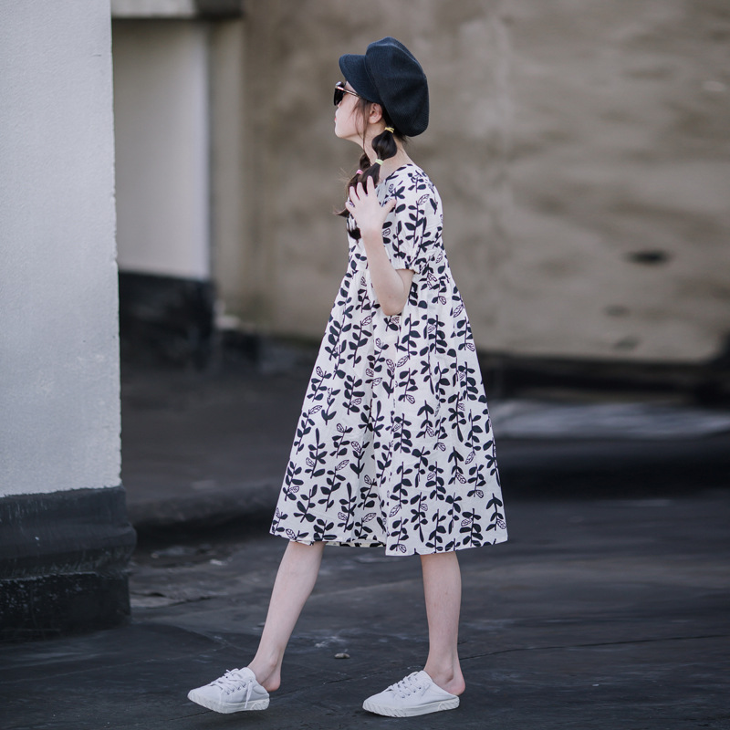 Faldas para niñas verano 2024 nuevo estilo vestido de algodón puro para niñas vestido largo francés de manga corta para vacaciones