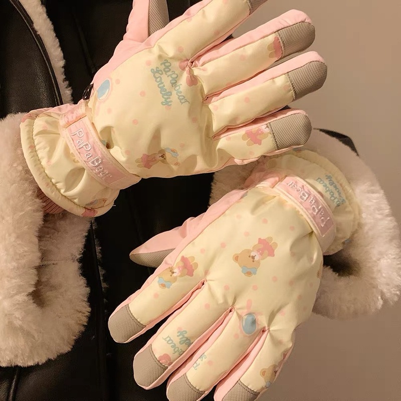 可爱粉色小熊滑雪手套女冬季可触屏加绒防水保暖2024防风骑行户外|undefined