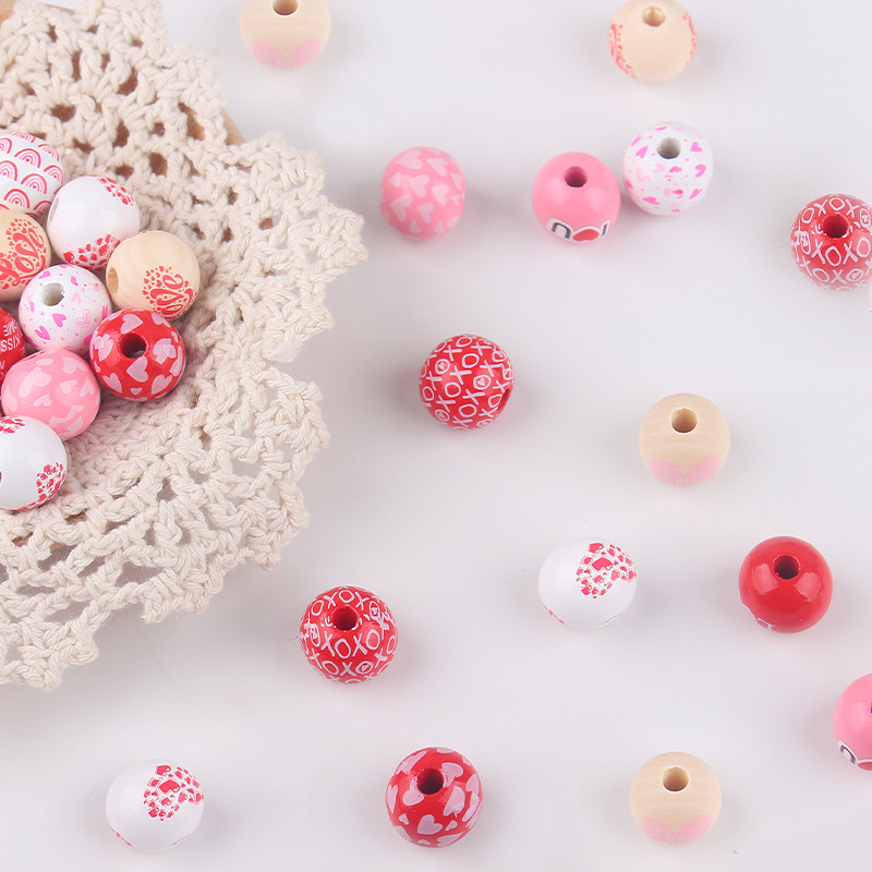 Productos para bebés Dibujos animados Madera Día de San Valentín 16mm Cuentas de madera DIY Creativa Cadena de chupete Pulsera Pulsera Pequeño accesorio