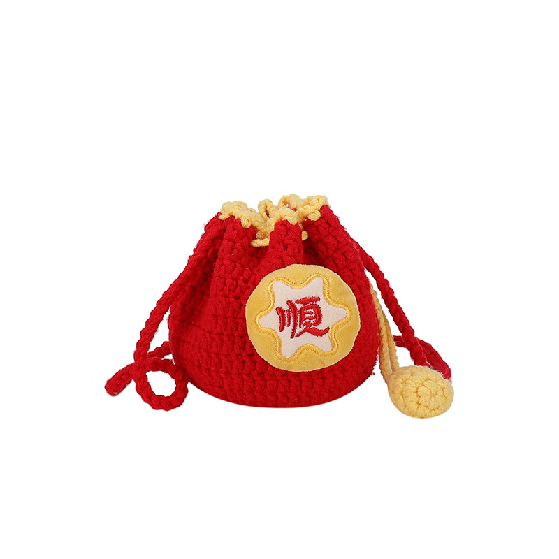 Bolsas de felicitación de Año Nuevo para niños, bolsas de cambio de gancho hechas a mano, nuevos bolsos de cuerda de dibujo, bonitos niños, sobre rojo