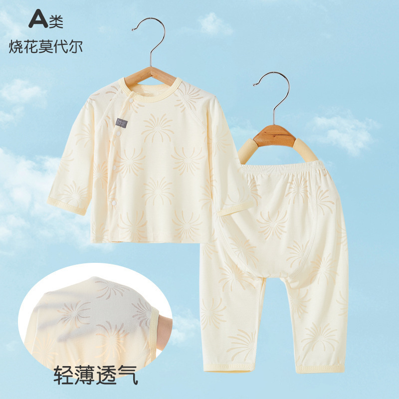 Baby Summer Pajamas suit Modal Burned Flower Split Large Butt Pants Thin Air-conditioning Clothes Long Sleeve Baby Summer Clothes