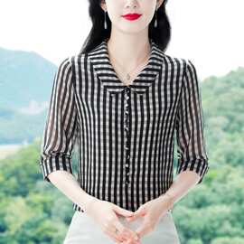 雪纺衬衫女士夏季2025年新款格子时尚高端气质洋气小衫七分袖上衣