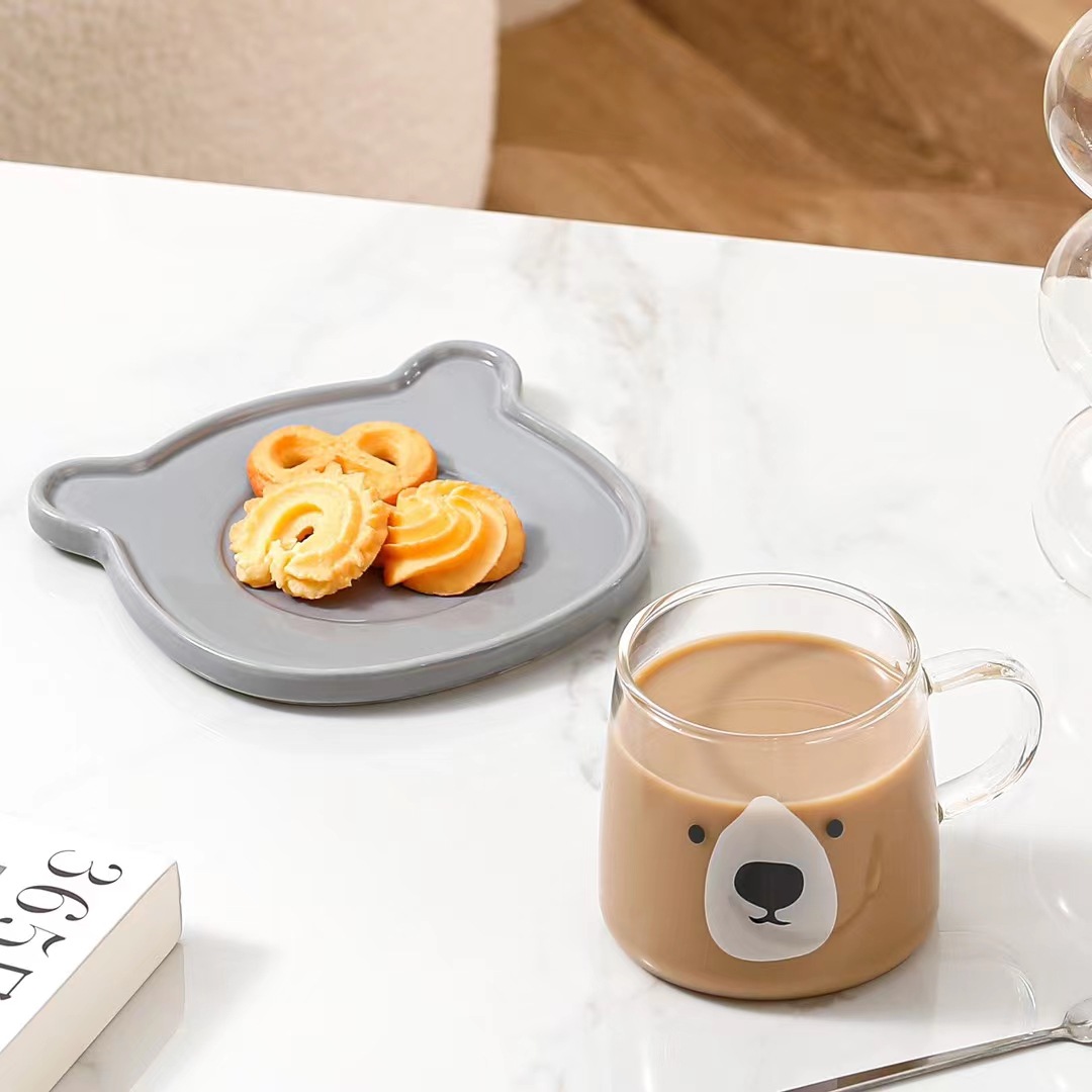 Creativo de alta apariencia de dibujos animados lindo animal expresión TAZA de vidrio taza de té de la tarde taza de café y platillo traje de combinación