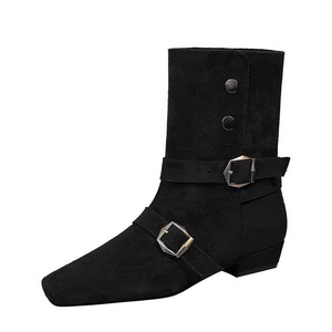 8628-1 Retro Western Boots Fashion Short Boots Square Head Belt Buckle Thick Heel Suede Folding Two Wear Mid heeled Boot