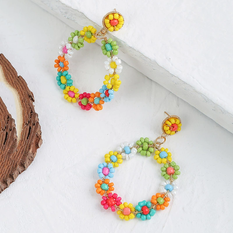 Серьги handmade, бохо стиль Европы, переплетенные цветочные бусины, легкие 10×10 см