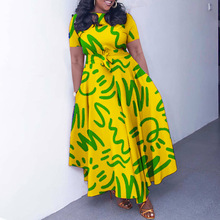 L63跨境女装2025夏季短袖印花圆领大摆裙高腰绑带非洲外贸连衣裙