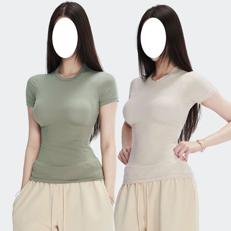 半袖春夏スリムフィット伸縮性右肩タイトピンクTシャツ半袖トップス女性用|undefined