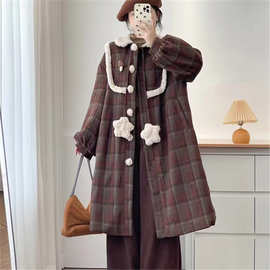 日系森系加棉格子毛呢大衣女冬季新款减龄百搭翻领系带中长外套女