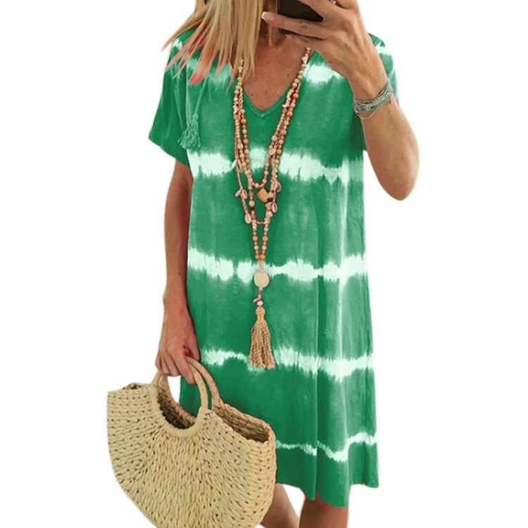 Walmart Cross-border Summer V-neck Striped Printed Tie-dye Short-sleeve Dress For Women In European_ecoleips.com
