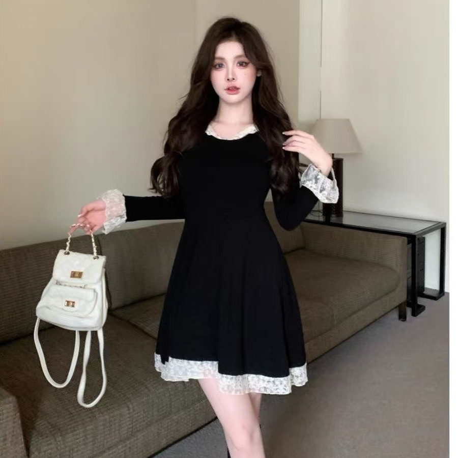 (2개) 플러스 사이즈 헵번 스타일 레이스 니트 원피스 여성 가을 패션 우아한 작은 검은 원피스 통통녀 배꼽 커버 슬리밍 스커트