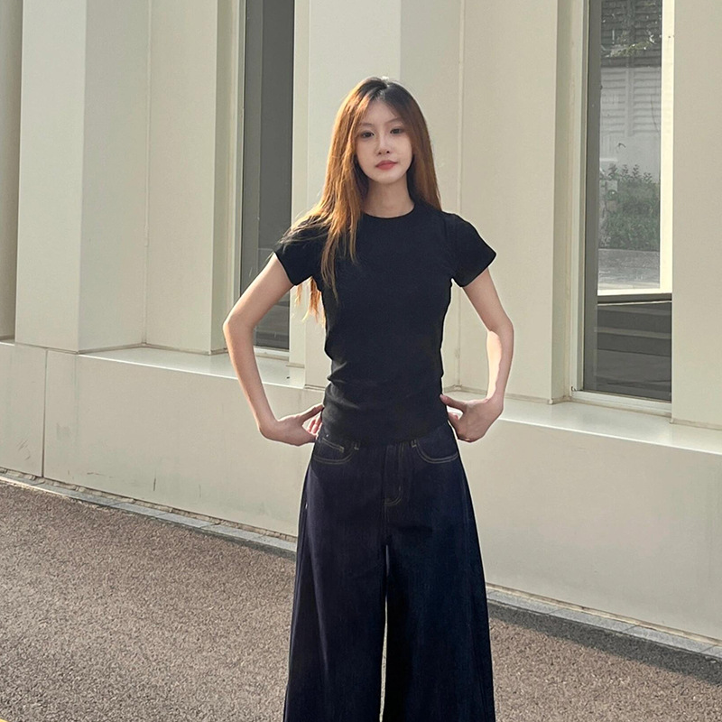 2025夏季新款黑色正肩纯棉基础款短袖t恤女百搭显瘦美式小众上衣|undefined