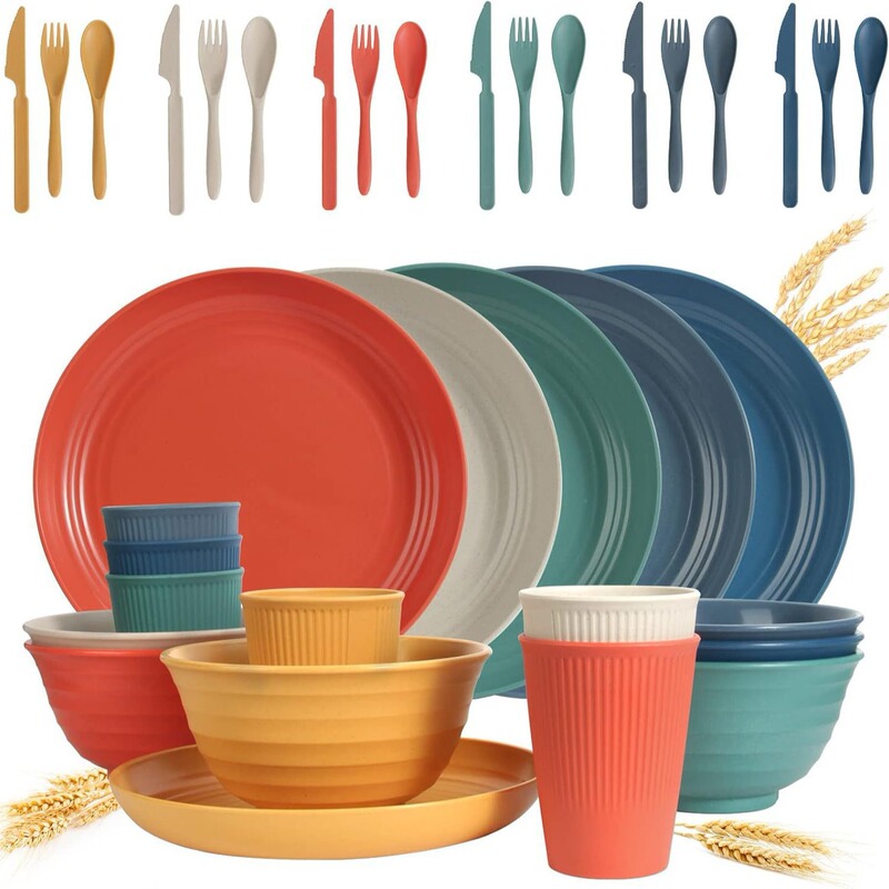 Amazon Thickened Wheat Straw Vertical Dishes and Dishes Water Cup Knife, Fork and Spoon Chopsticks Tableware 6-person Gift suit