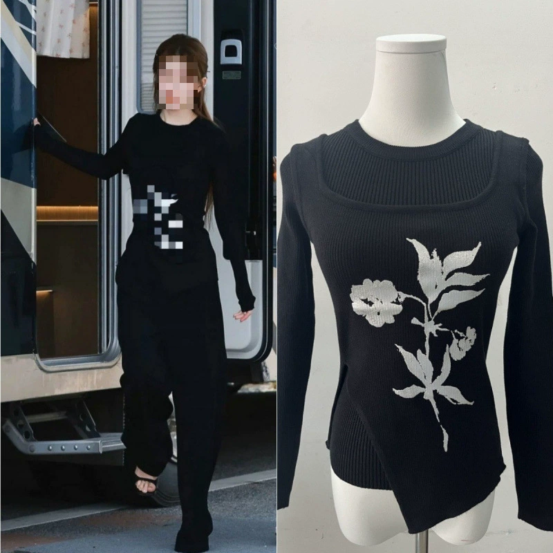 Долгосрочный запас: осенний комплект 2025 года в стиле Сю Мэйян, Сю Ян, Чжао Луси — черный трикотажный топ с разрезом и бретельками, комплект из двух предметов.