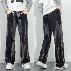 2025新款黑色扎染阔腿牛仔裤男潮牌宽松美式高街潮流休闲直筒裤男
