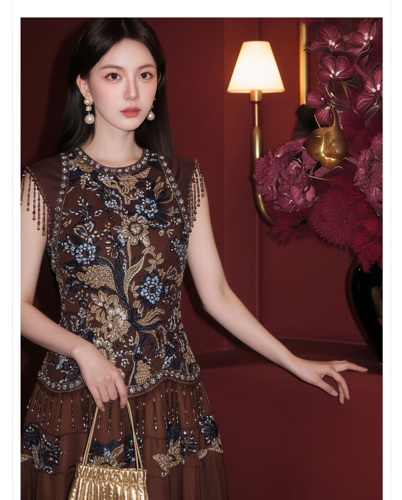 Đầm maxi nữ thắt eo phong cách Tân Trung Hoa, cổ tròn, đính cườm thêu ren, thiết kế vintage — Màu cà phê chi tiết 2