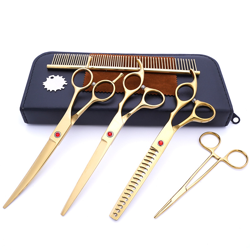Directo de fábrica de acero inoxidable de 7 pulgadas para mascotas tijeras de belleza profesional de corte de pelo de perro tijeras curvas Teddy adelgazamiento tijeras traje