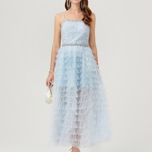 夏季新款高端重工镶钻珍珠亮片钉珠网纱度假蛋糕连衣裙吊带礼服裙