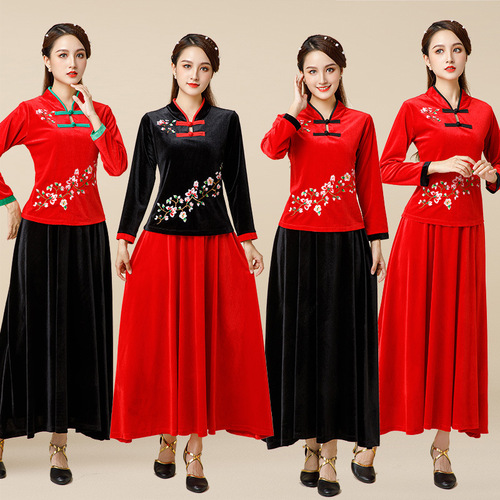 Autumn and Winter Square Dance Costume with Embroidered Gold Velvet, Chinese Folk Style, Group Performance Set for Middle-Aged Adults