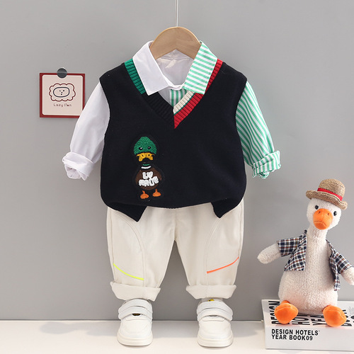New duck knitted vest color-blocked shirt three-piece set spring and autumn children's suit generation children's clothing male baby autumn clothing trend