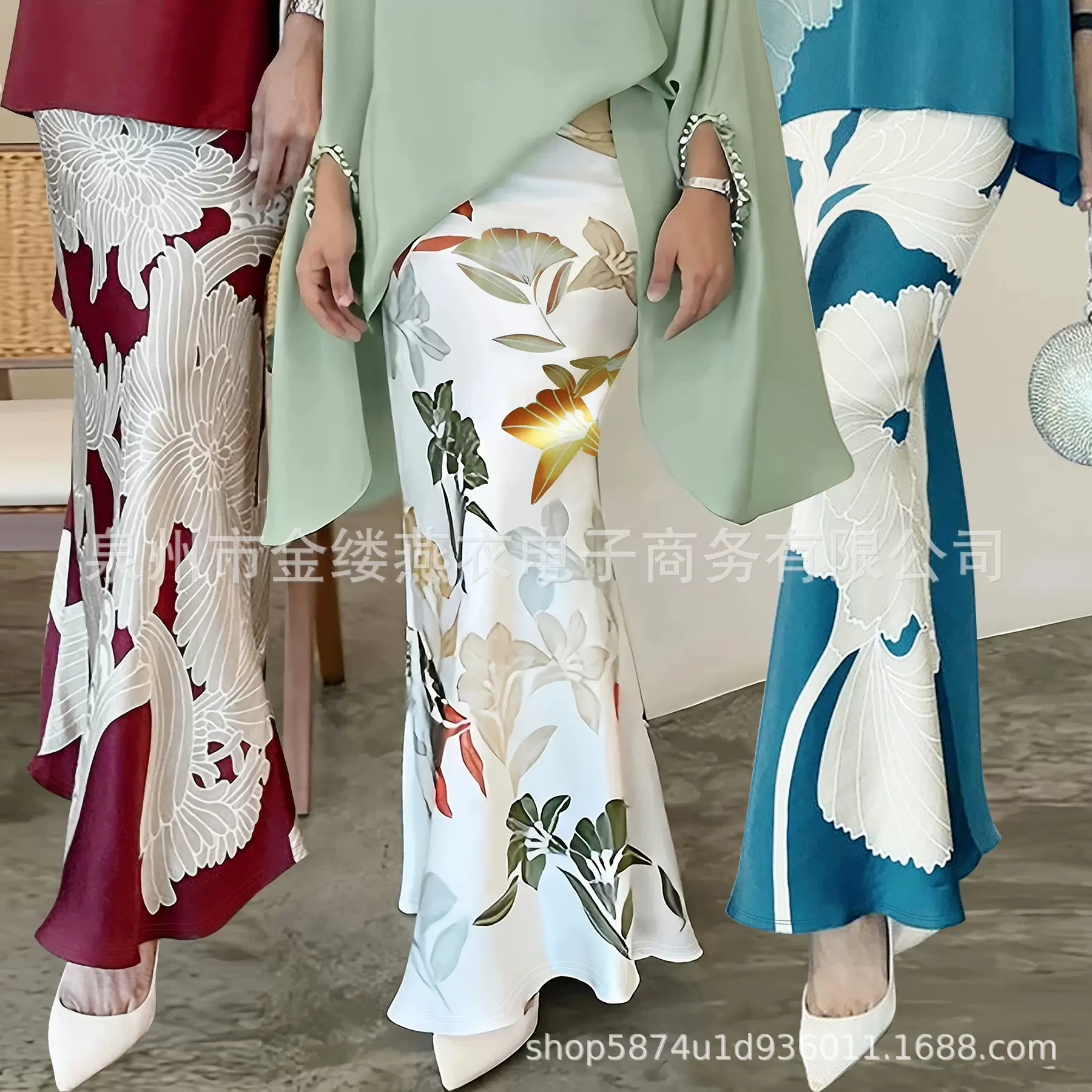 跨境亚马逊欧美大码女装秋季高腰复古印花半身裙优雅长款包臀裙