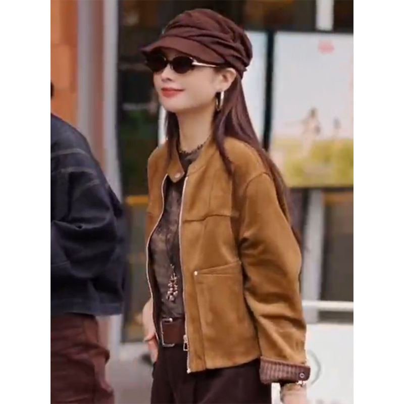 2025 Autumn New Korean Style Fashion Stand Collar Short Suede Jacket for Petite Women Loose Motorcycle Jacket