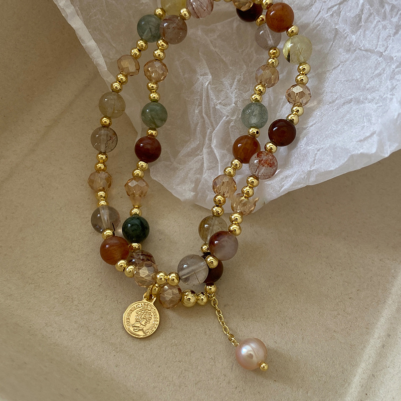 Piedra Natural cristal barroco perla pulsera retrato redondo marca doble capa personalidad todo partido pulsera nueva pulsera de cuentas