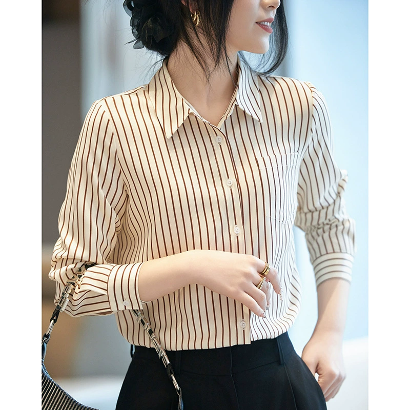 2024 весна и лето новый атласный шелк в полоску POLO воротник рубашка профессиональная рубашка с длинными рукавами