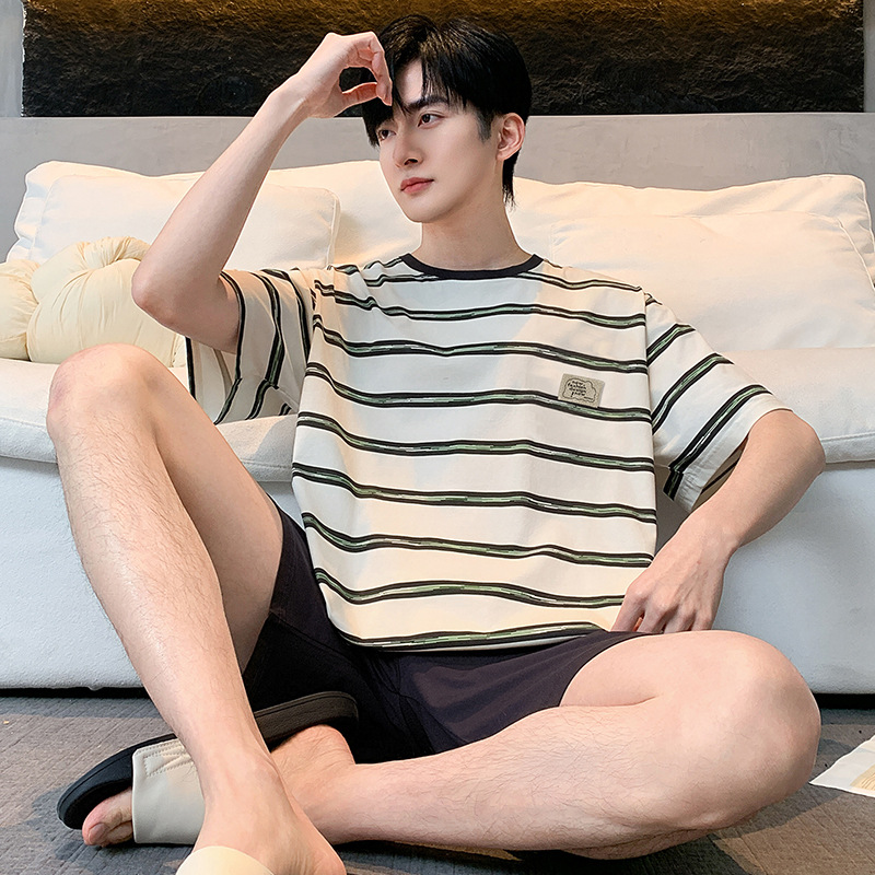 100% 純綿パジャマ男性半袖夏の薄いタイプの青少年カジュアルでゆったりした綿100% の家庭服セット
