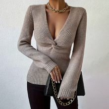 秋冬欧美跨境套头女装毛衣亚马逊爆款修身女式针织衫纯色打底上衣