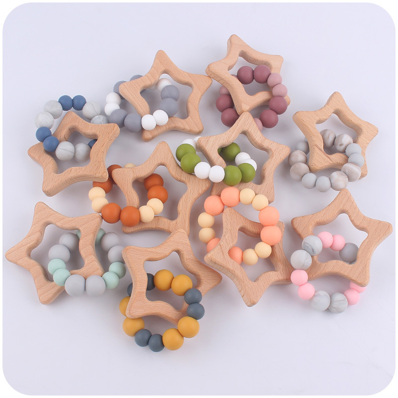 Nuevo bebé suministros de dibujos animados haya estrella mordedor creativo DIY contraste color cuentas silicona mordedura pulsera goma juguete