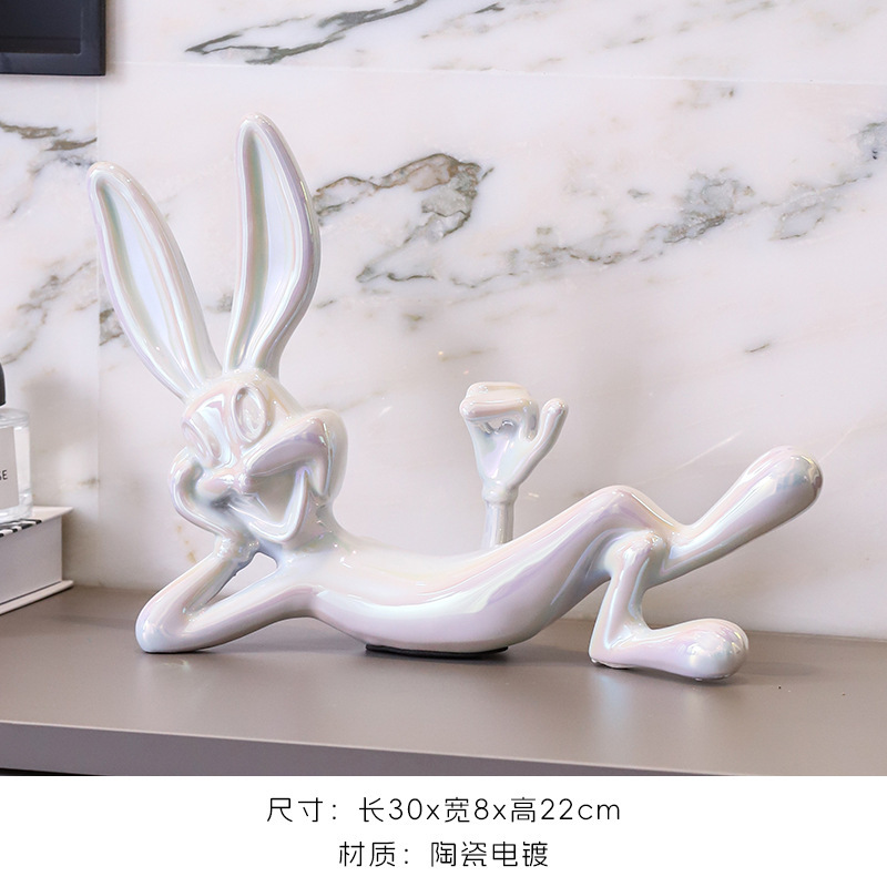 网红电镀躺赢兔子卡通现代客厅电视柜酒柜玄关工艺摆件北欧兔八哥|undefined