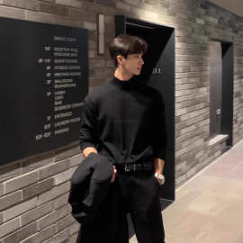 人夫感韩系半高领黑色毛衣男秋冬弹力修身西装内搭美式重磅针织衫