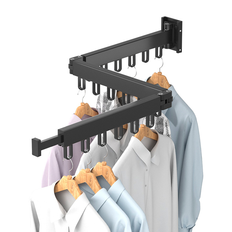 Transfronterizo espacio de aluminio plegable percha de ropa sin perforación doble balcón invisible percha de ropa retráctil colgada en la pared barra de ropa image 6