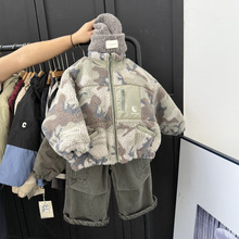 男童美式冬季羊羔绒夹棉外套儿童潮酷拼接迷彩羊羔毛棉衣高领棉服
