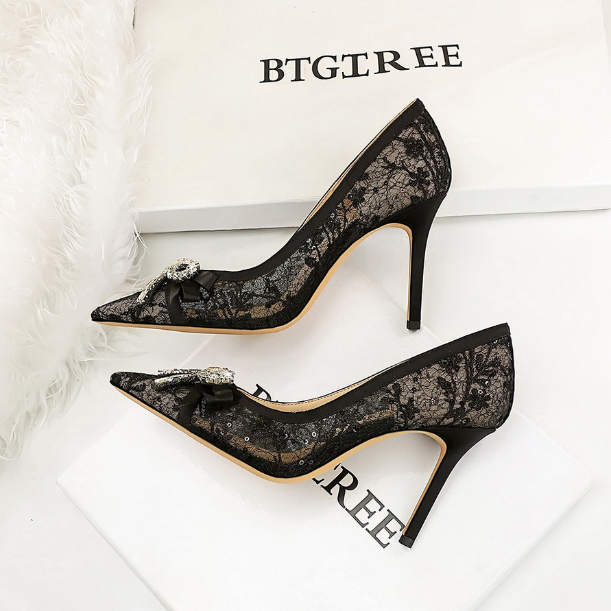 1963-H133 European And American Sexy Stiletto High-heeled For Women, Lace Mesh With Rhinestone Bow, Pointed Toe, Elegant_vogvips.com
