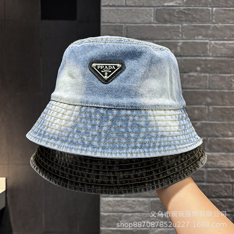 Korean-Style Triangle Logo Washed Denim Bucket Hat, Outdoor Fashion Unisex Couple's Matching Style, Stylish Flat-Top Fisherman Hat That Makes the Face Look Smaller