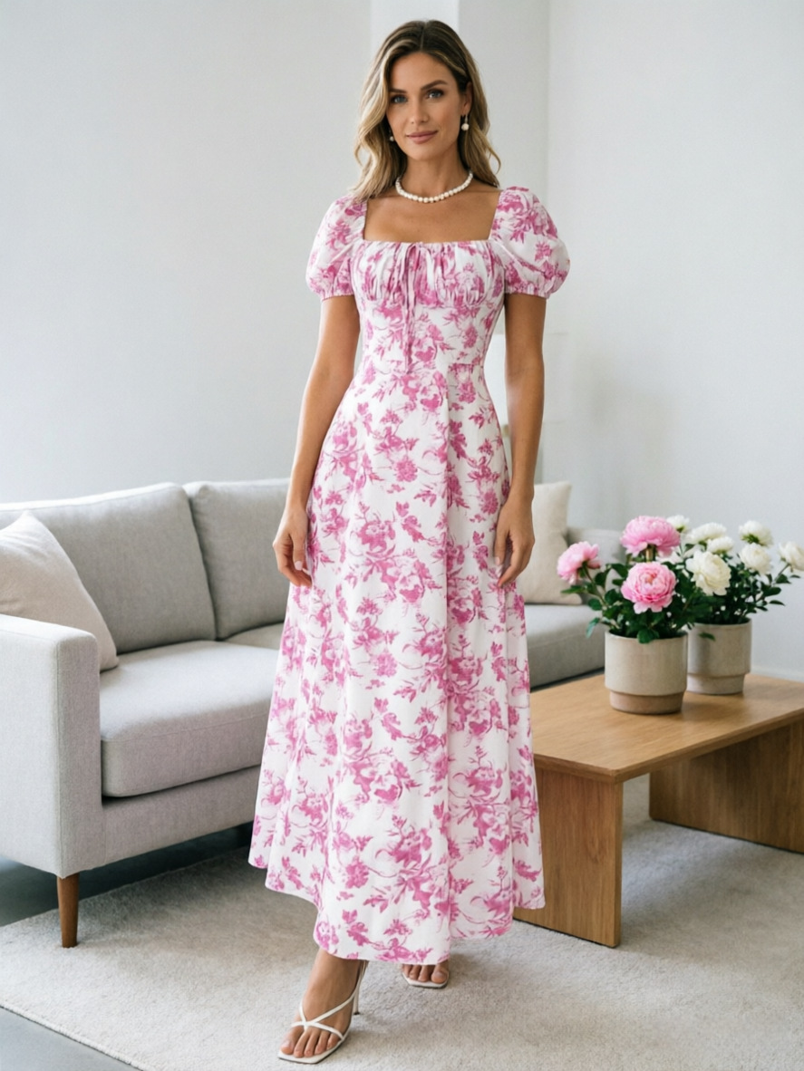 Women's Floral Print Short Sleeve Bodycon Flared Maxi Dress – Slim Fit Casual Summer Gown_ecoleips.com