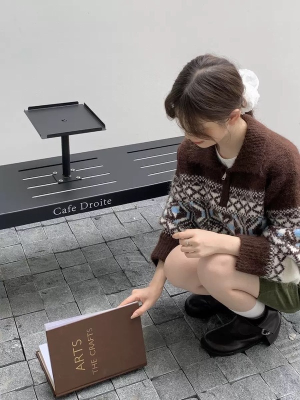 复古费尔岛半拉链翻领套头毛衣女2025秋冬新款韩系宽松软糯针织衫|undefined