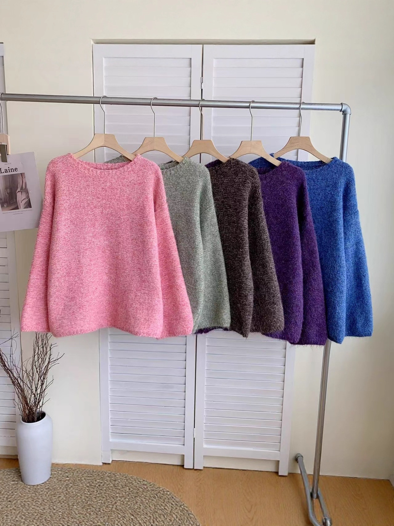 Cross-border coreano otoño y invierno nuevo cuello redondo suelta camisa de punto para mujeres perezosa pluma de color sólido suave glutinosa suéter para mujeres