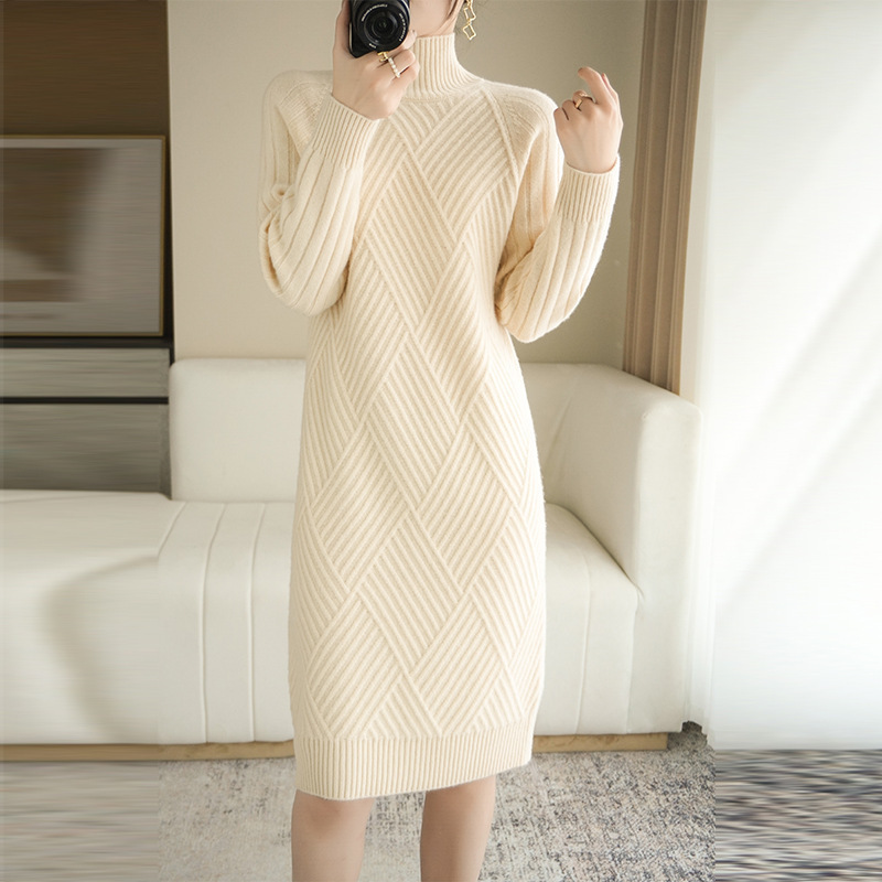 2021 autumn and winter wool turtleneck mat knitted sweater women's warm slim-fit long over-the-knee bottoming cashmere dress