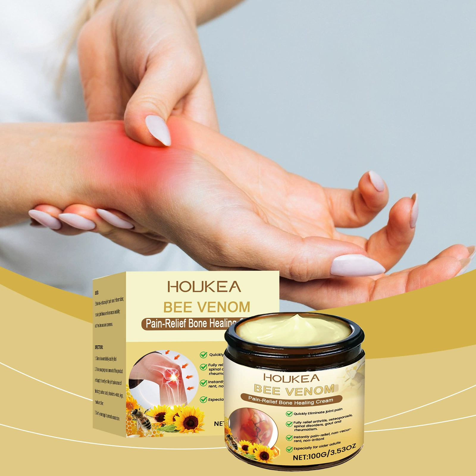 HOUKEA Крем для облегчения суставов с пчелиным ядом, успокаивающий мышцы суставов, повышает жизненную силу, нежное применение, уход за телом