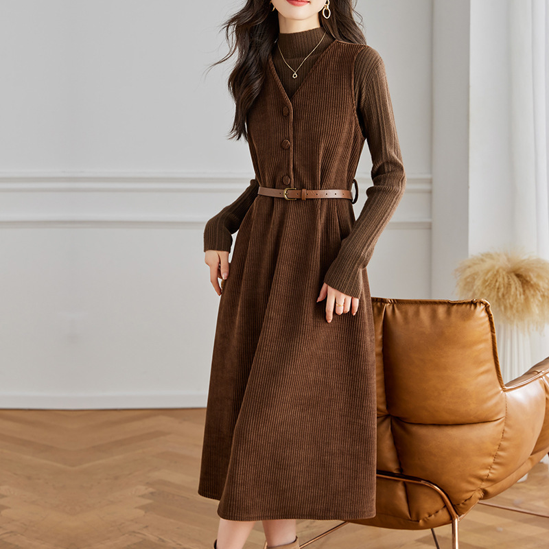 Factory Direct Sale Corduroy Thickened Dress for Women, Mid-Length High-Waisted Slimming Ladylike Dress, 2026 Spring Collection Factory Direct Sale Corduroy Thickened Dress for Women, Mid-Length High-Waisted Slimming Ladylike Dress, 2026 Spring Collection