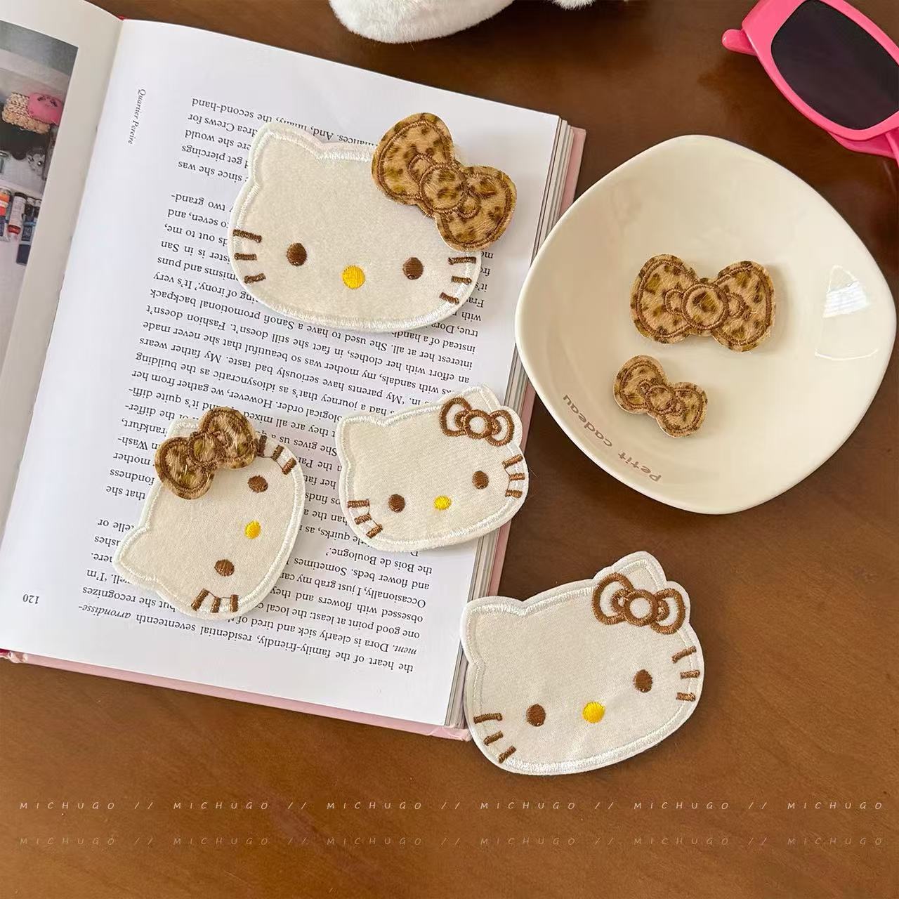 Leopard Print Bow Kt Cat Magic Tape Hair Clip Sweet Girly Style Cute Cartoon Bangs Sticker Hair Fixer