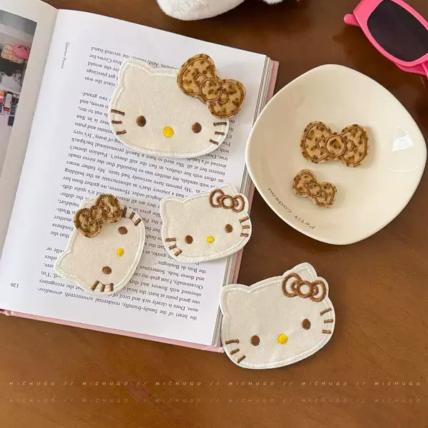 Leopard Print Bow Kt Cat Magic Tape Hair Clip Sweet Girly Style Cute Cartoon Bangs Sticker Hair Fixer