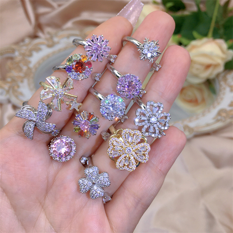 Rotating Moving Ring Flower Zircon Super Flash Ring Opening Color Retention Niche Design Fashion Hand Accessories Female Fashion display picture 1